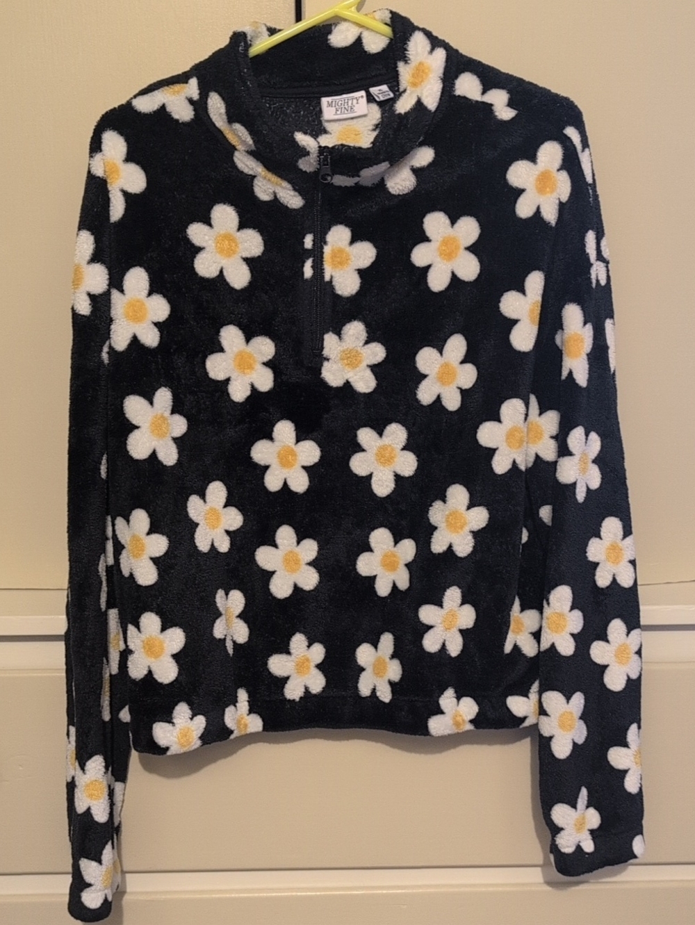 Mighty Fine Black Fuzzy Daisy Half-Zip Sweater with Yellow Centers